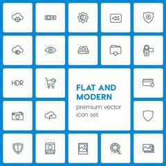 Modern Simple Set of cloud and networking, security, video, photos Vector outline Icons. Contains such Icons as  internet,  movie,  transfer and more on dark background. Fully Editable. Pixel Perfect