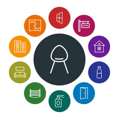 buildings, furniture, housekeeping Infographic Colorful outline Icons Set. Contains such Icons as chair, spray, construction,  city,  housework,  furniture, bed and more. Fully Editable. Pixel Perfect