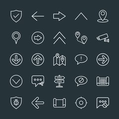 Modern Simple Set of location, arrows, chat and messenger, security Vector outline Icons. Contains such Icons as location,  cctv,  security and more on dark background. Fully Editable. Pixel Perfect.