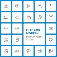 Modern Simple Set of cloud and networking, security, video, photos Vector outline Icons. Contains such Icons as lens,  photography,  device and more on dark background. Fully Editable. Pixel Perfect