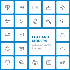 Modern Simple Set of cloud and networking, security, video, photos Vector outline Icons. Contains such Icons as  background,  blue,  weather and more on dark background. Fully Editable. Pixel Perfect