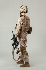 Soldier in camouflage holding rifle