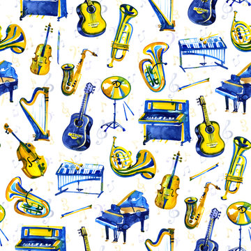 Background musical instruments. Seamless pattern. Watercolor illustration
