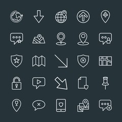 Modern Simple Set of location, arrows, chat and messenger, security Vector outline Icons. Contains such Icons as message, file,  down,  add and more on dark background. Fully Editable. Pixel Perfect.