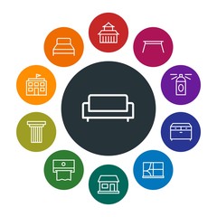 buildings, furniture, housekeeping Infographic Colorful outline Icons Set. Contains such Icons as  property,  home, coffee,  curtain, sofa,  box,  architecture and more. Fully Editable. Pixel Perfect