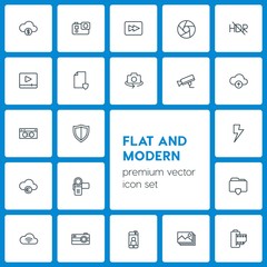 Modern Simple Set of cloud and networking, security, video, photos Vector outline Icons. Contains such Icons as  vintage,  data,  investment and more on dark background. Fully Editable. Pixel Perfect