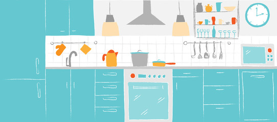 Kitchen interior color sketches hand drawing front view. Contour vector illustration kitchen furniture and equipment.