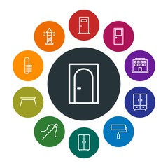 buildings, furniture, housekeeping Infographic Colorful outline Icons Set. Contains such Icons as  clean,  facade, roller, closet,  skyscraper,  interior,  home and more. Fully Editable. Pixel Perfect