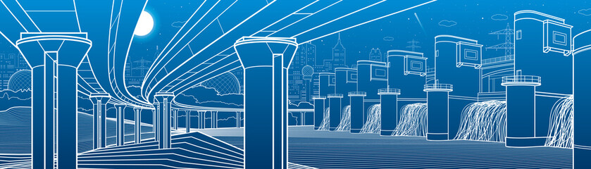 City infrastructure industrial and energy illustration panorama. Hydro power plant. River Dam. Large automobile bridge. White lines on blue background. Vector design art