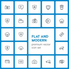 Modern Simple Set of cloud and networking, security, video, photos Vector outline Icons. Contains such Icons as  surveillance,  photo,  lens and more on dark background. Fully Editable. Pixel Perfect