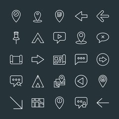 Modern Simple Set of location, arrows, chat and messenger, security Vector outline Icons. Contains such Icons as  gps, message,  sign,  map and more on dark background. Fully Editable. Pixel Perfect.