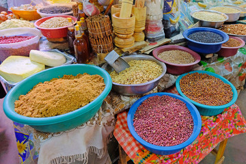 Beans, nuts, corn and seeds at a farmers market in Villarrica, Paraguay, South America