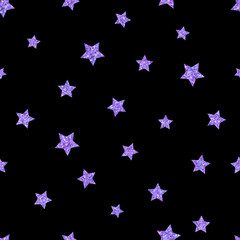 Seamless pattern with ultraviolet, purple stars on black backgro
