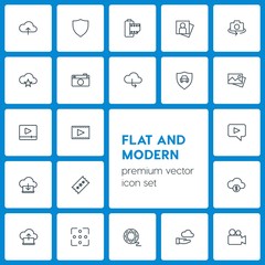 Modern Simple Set of cloud and networking, security, video, photos Vector outline Icons. Contains such Icons as favorite,  gift, money,  film and more on dark background. Fully Editable. Pixel Perfect