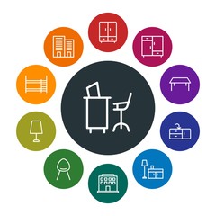 buildings, furniture, housekeeping Infographic Colorful outline Icons Set. Contains such Icons as  work,  city,  laptop,  faucet, office,  comfy,  table,  home and more. Fully Editable. Pixel Perfect