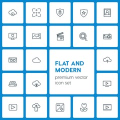 Modern Simple Set of cloud and networking, security, video, photos Vector outline Icons. Contains such Icons as  cloud,  iso,  wealth, cloud and more on dark background. Fully Editable. Pixel Perfect