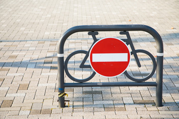Bicycle stop sign in the park. Bicycle ban