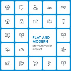 Modern Simple Set of cloud and networking, security, video, photos Vector outline Icons. Contains such Icons as door, data, cloud, security and more on dark background. Fully Editable. Pixel Perfect