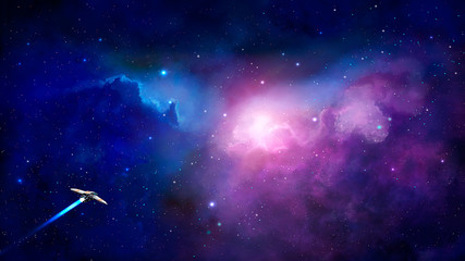 Space scene. Blue and violet nebula with spaceship. Elements furnished by NASA. 3D rendering © Space Creator