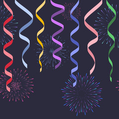 Seamless decorative serpentines with fireworks on dark background, vector colorful ribbons and salute for footer and banner