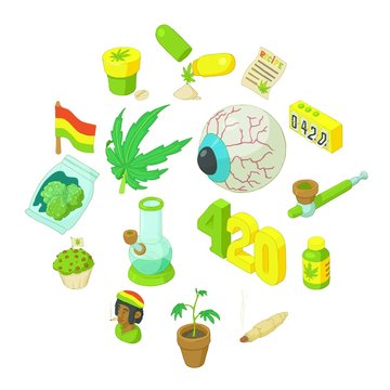 Rastafarian icons set in cartoon style. Marijuana smoking equipment set collection vector illustration