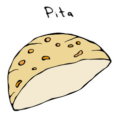 Pita Pocket Bread. Arabic Israel Healthy Fast Food Bakery. Jewish Street Food. Realistic Hand Drawn Illustration. Savoyar Doodle Style.