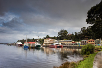 Fototapeta na wymiar Strahan, a small coastal town and popular tourist destination on the west coast of Tasmania