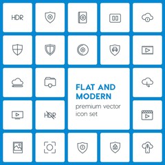 Modern Simple Set of cloud and networking, security, video, photos Vector outline Icons. Contains such Icons as  home,  music,  house,  sky and more on dark background. Fully Editable. Pixel Perfect