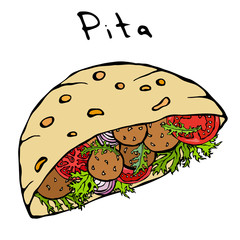 Falafel Pita or Meatball Salad in Pocket Bread. Arabic Israel Healthy Fast Food Bakery. Jewish Street Food. Realistic Hand Drawn Illustration. Savoyar Doodle Style.
