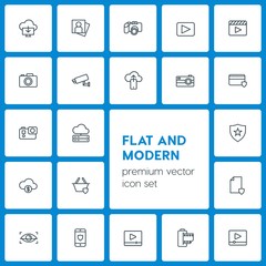 Modern Simple Set of cloud and networking, security, video, photos Vector outline Icons. Contains such Icons as  camera,  download,  home and more on dark background. Fully Editable. Pixel Perfect