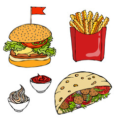 Burger, French Fries, Ketchup, Falafel Pita or Meatball Salad in Pocket Bread and Mayonnaise Sauce. Fast Food Set. Street Food. Realistic Hand Drawn Illustration. Savoyar Doodle Style.