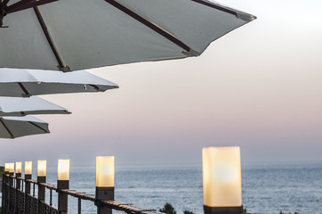 Cafe on the beach, ocean and sky