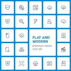 Modern Simple Set of cloud and networking, security, video, photos Vector outline Icons. Contains such Icons as  quality,  camera,  video, hd and more on dark background. Fully Editable. Pixel Perfect