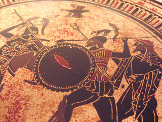 Fototapeta na wymiar Detail from an old historical greek paint. Mythical heroes and gods fighting on it