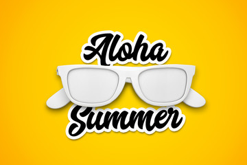 Aloha Summer message with white sunglasses on a bright yellow background. 3d rendering