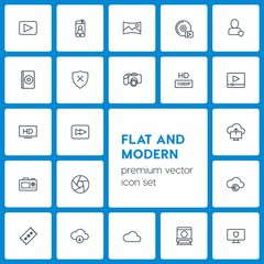 Modern Simple Set of cloud and networking, security, video, photos Vector outline Icons. Contains such Icons as  scenery, panorama, player and more on dark background. Fully Editable. Pixel Perfect