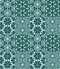 Seamless pattern tiled ornament. Floral textile print. Islamic vector design. Oriental background with abstract flowers. Hexagonal patchwork swatch. Stained glass vitrage.