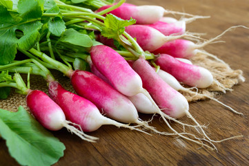 Summer harvested red radish. Growing organic vegetables. Large bunch of raw fresh juicy garden...