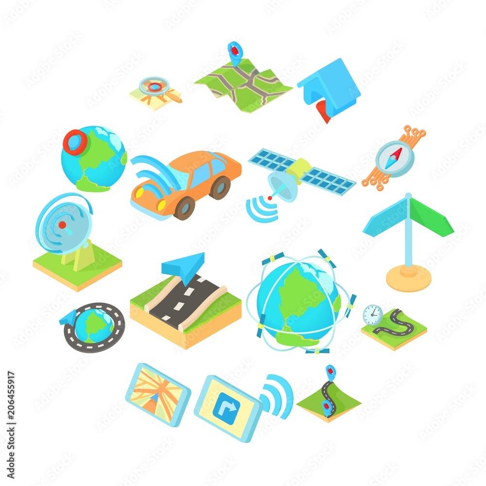 Poster navigation icons set in isometric 3d style style. location on terrain set collection vector illustra