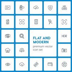 Modern Simple Set of cloud and networking, security, video, photos Vector outline Icons. Contains such Icons as  entertainment,  computer, hd and more on dark background. Fully Editable. Pixel Perfect