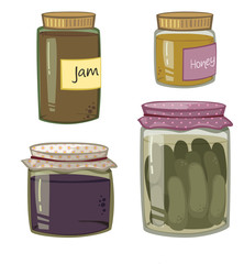 Quirky Cartoon Jar Set with Jam, Honey and Pickles Vector Illustration Isolated on White