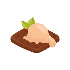 Belgian waffle with ball of ice-cream and leaves of mint. Delicious summer dessert. Flat vector element for menu or poster