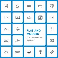 Modern Simple Set of cloud and networking, security, video, photos Vector outline Icons. Contains such Icons as  data, cinema,  projection and more on dark background. Fully Editable. Pixel Perfect
