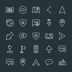 Modern Simple Set of location, arrows, chat and messenger, security Vector outline Icons. Contains such Icons as right,  bank,  share,  left and more on dark background. Fully Editable. Pixel Perfect.