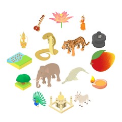 Obraz na płótnie Canvas India icons set in isometric 3d style. India elements set collection vector illustration
