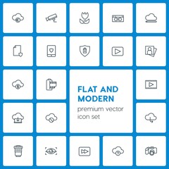 Modern Simple Set of cloud and networking, security, video, photos Vector outline Icons. Contains such Icons as  lens,  background,  abstract and more on dark background. Fully Editable. Pixel Perfect