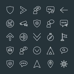 Modern Simple Set of location, arrows, chat and messenger, security Vector outline Icons. Contains such Icons as  transportation,  user, sea and more on dark background. Fully Editable. Pixel Perfect.