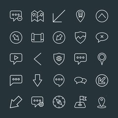 Modern Simple Set of location, arrows, chat and messenger, security Vector outline Icons. Contains such Icons as up, station,  up, location and more on dark background. Fully Editable. Pixel Perfect.