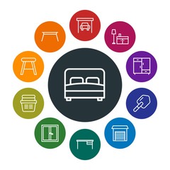 buildings, furniture, housekeeping Infographic Colorful outline Icons Set. Contains such Icons as  interior,  white,  auto,  storehouse,  home,  equipment,  bed and more. Fully Editable. Pixel Perfect