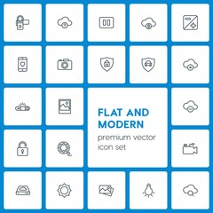 Modern Simple Set of cloud and networking, security, video, photos Vector outline Icons. Contains such Icons as bulb,  mark, stop,  cinema and more on dark background. Fully Editable. Pixel Perfect
